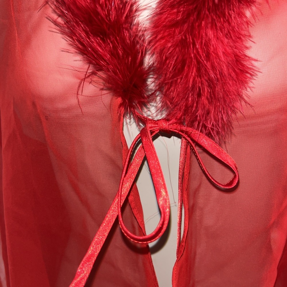 Vtg Cinema Etoile Red Sheer Mesh Boudoir Bed Jacket Faux Fur Trim Coquette Sz M - Picture 6 of 10